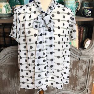 Ann Taylor Polka Dot Pattern Blouse with tie, XL